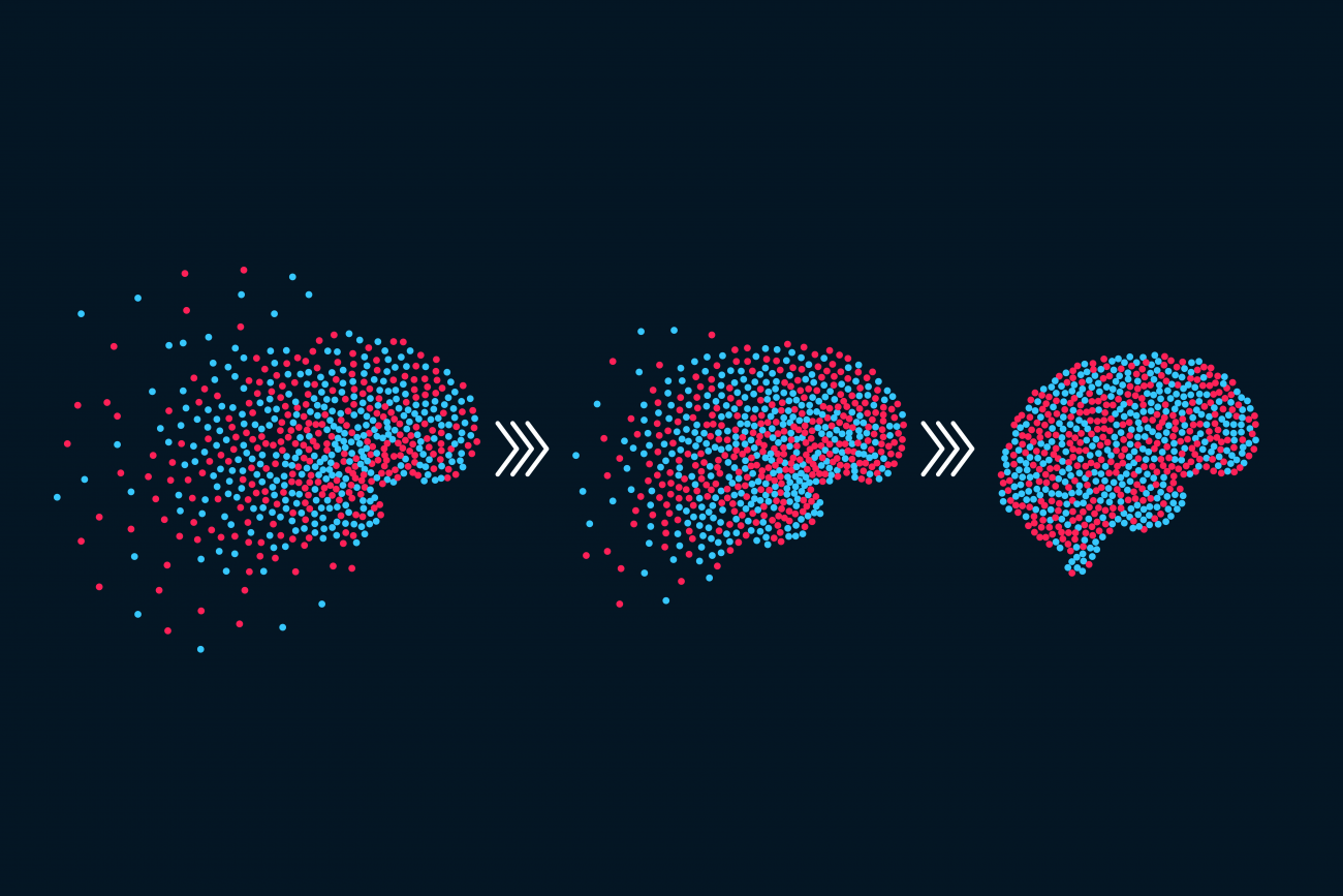 Illustration depicting a brain transitioning from more to less scattered